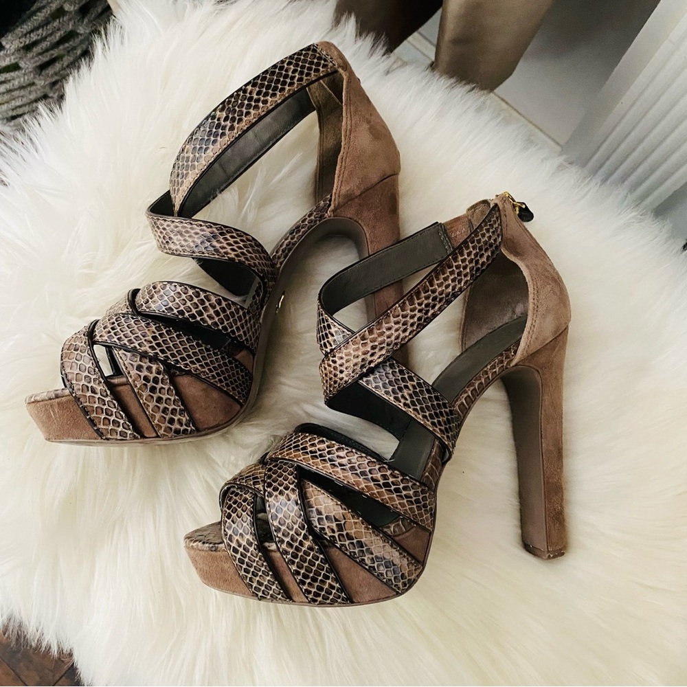 Tory Burch Python Leather and Suede Platform Heel Sandals
